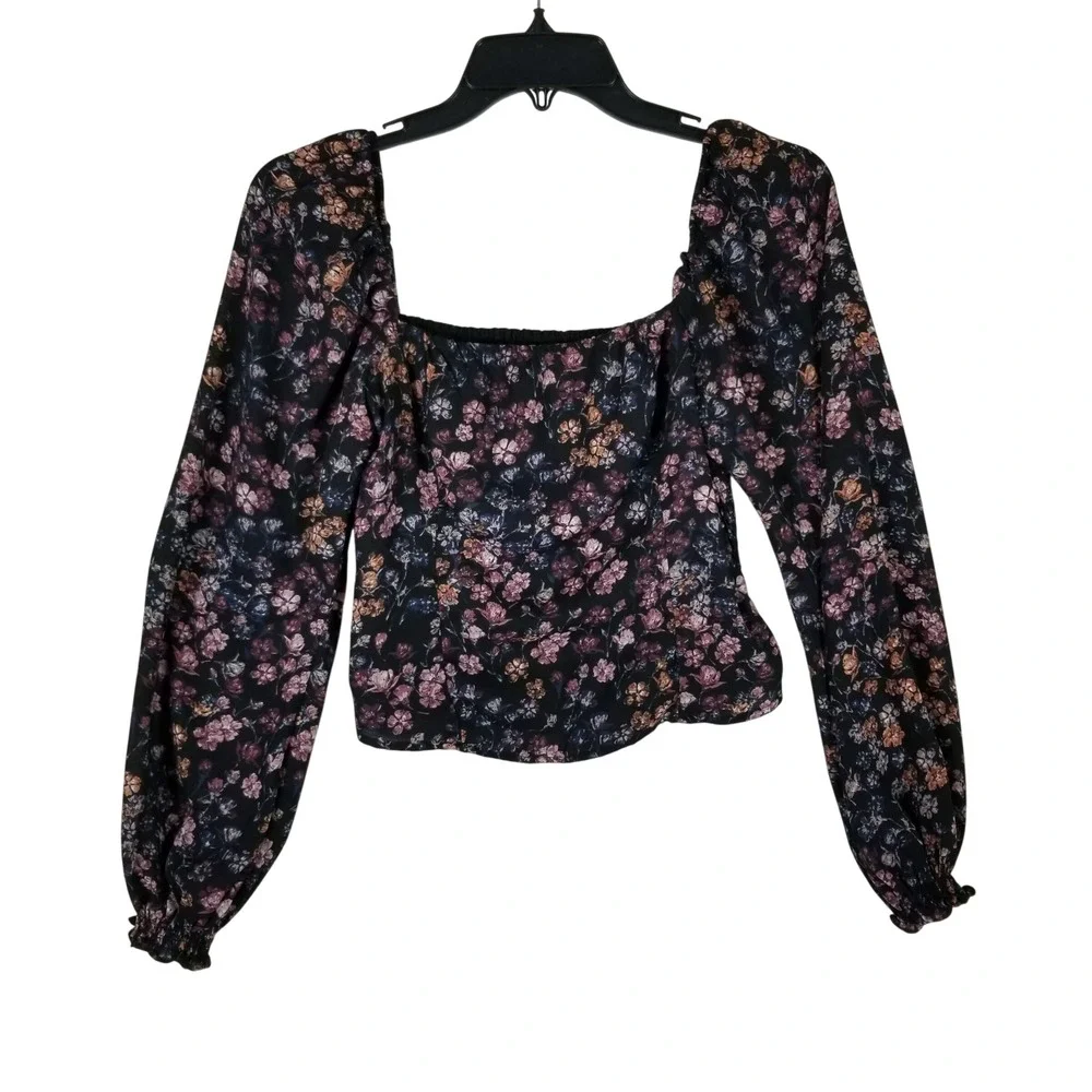 Abercrombie & Fitch Blouse Womens Small Black Floral Smocked Square Neck Top